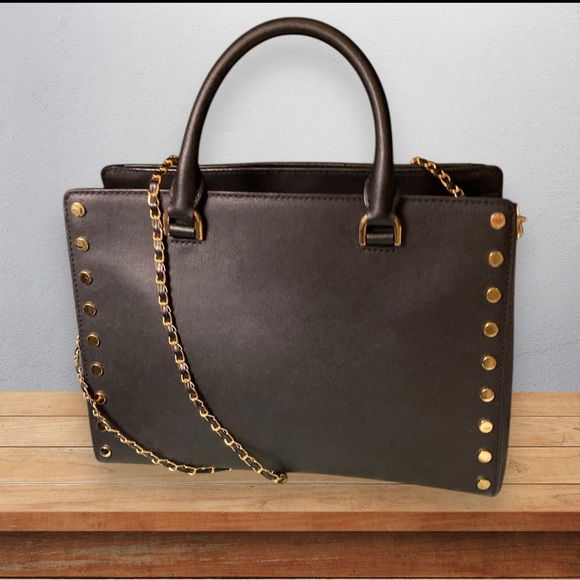 Michael Kors Gold Studded Saffiano Leather Kellen Satchel Bag. Black. Pristine - Picture 4 of 16